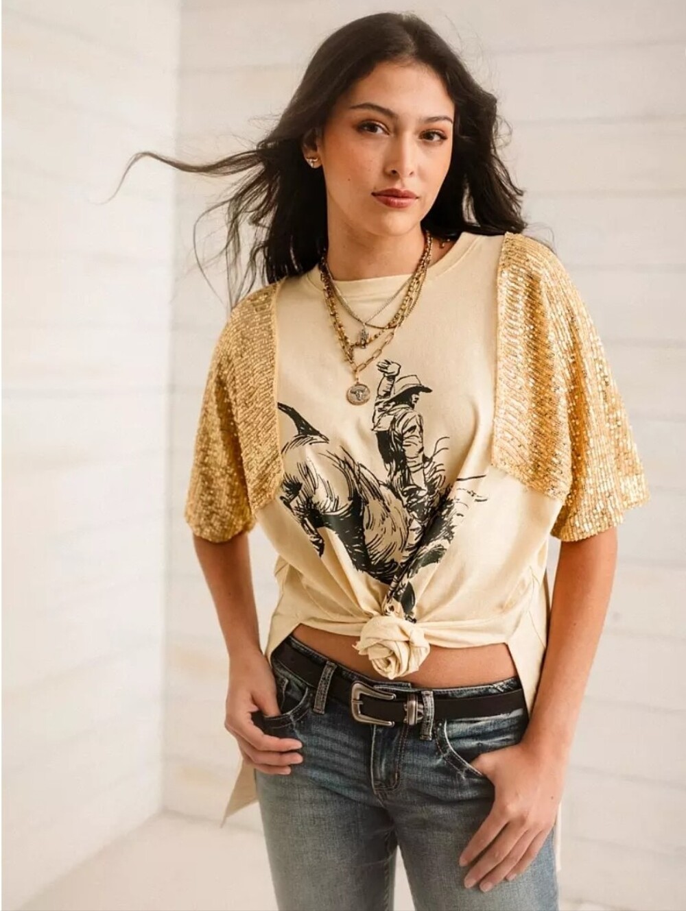 Sterling & Stitch Rodeo Cowboy Sequin T-Shirt Size Medium (Biscotti)